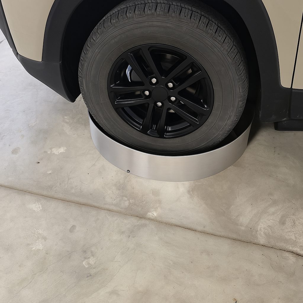 Close-up of a car tire with a spare tire carrier on a concrete surface